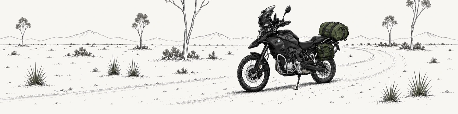 Wide illustration of an adventure motorcycle on a dirt road in the Australian bush