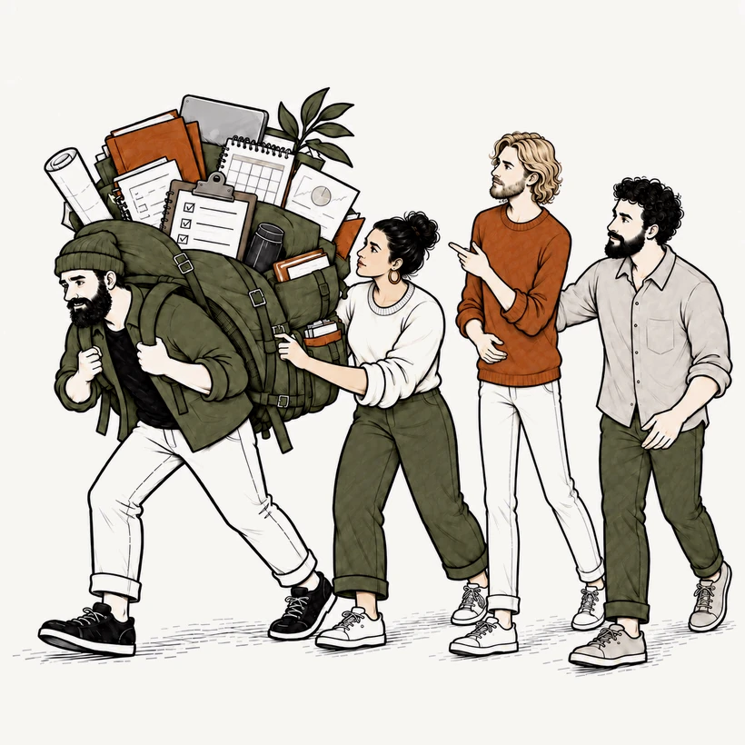 Illustration of a founder carrying an enormous backpack stuffed with plans, folders and files, while three colleagues walk alongside