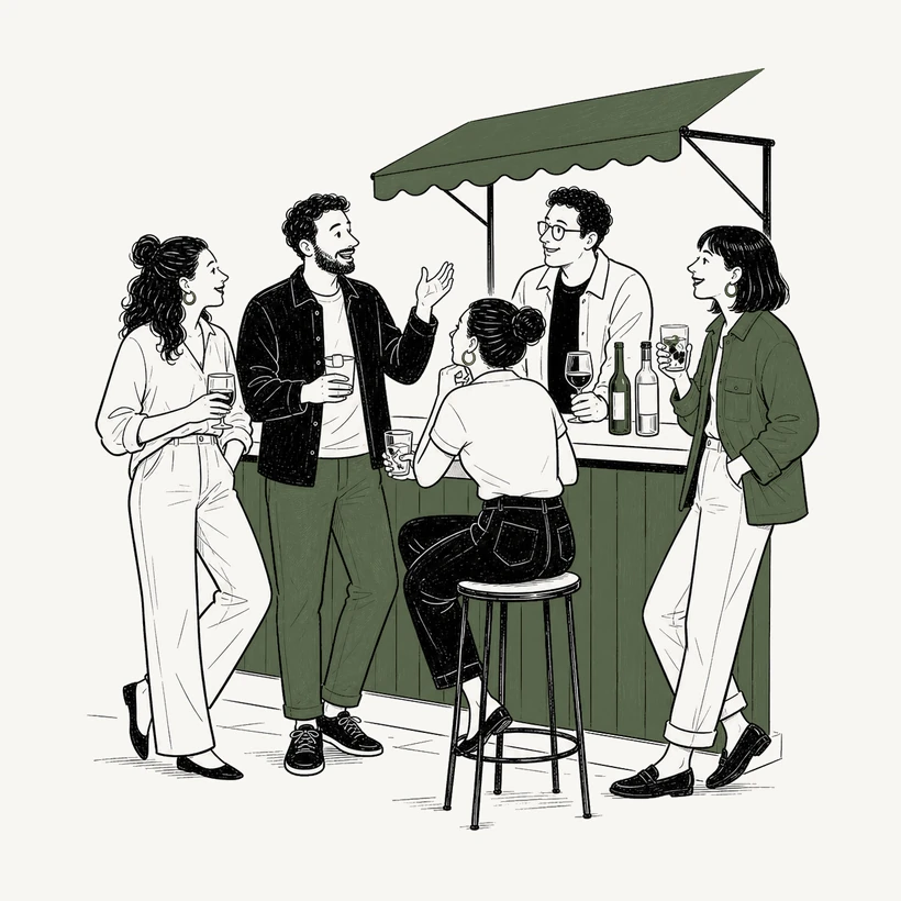 Illustration of a group of people talking over drinks at an outdoor bar