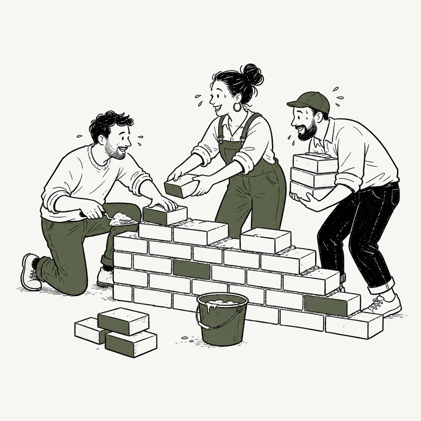 Illustration of three people building a brick wall together