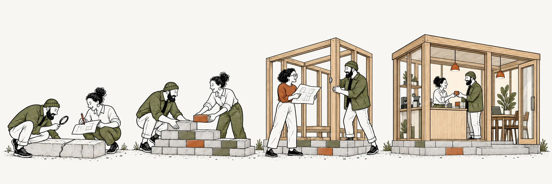 Illustration of four stages: inspecting a cracked slab, laying brickwork, checking plans against a timber frame, and a finished shop open for trade