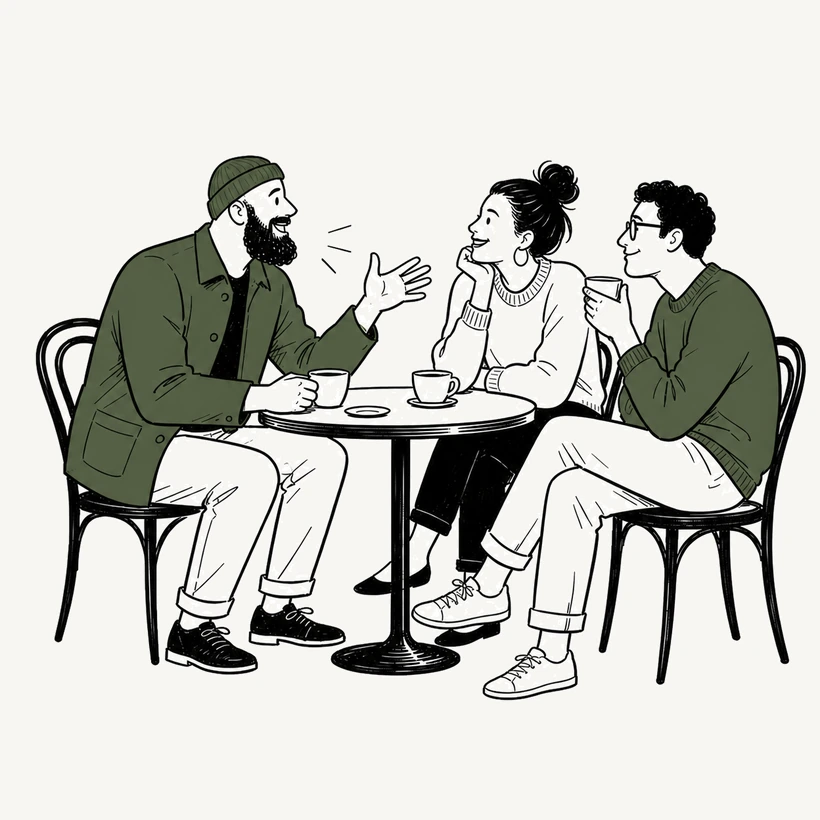 Illustration of three people talking over coffee at a cafe table