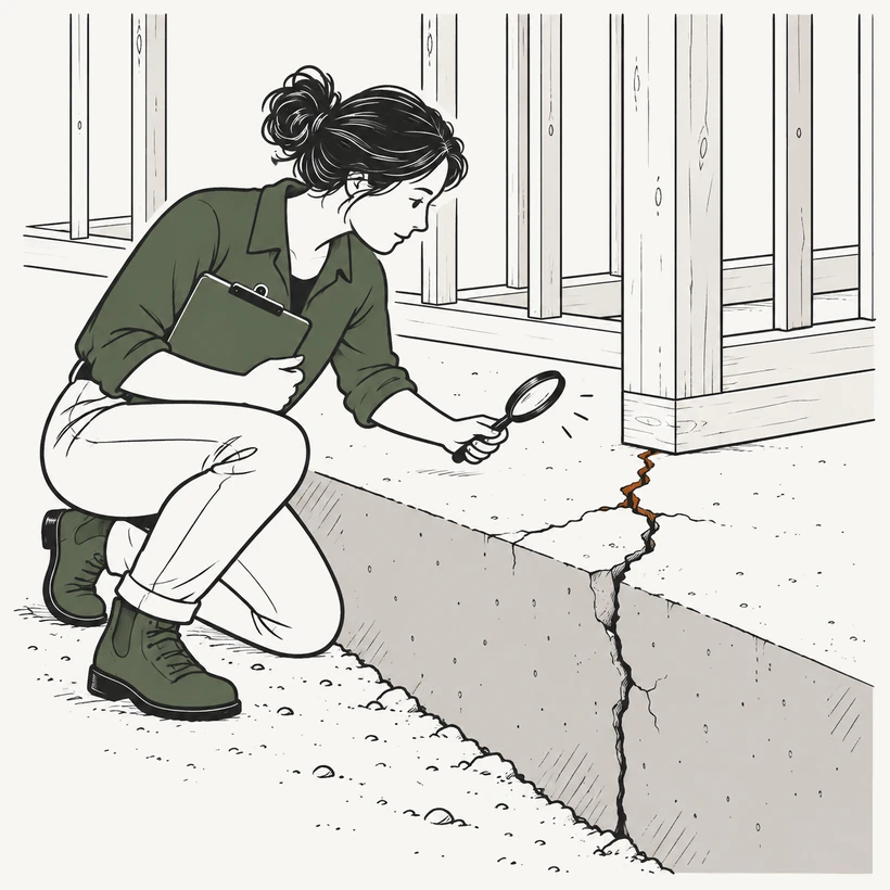 Illustration of a woman kneeling with a magnifying glass to inspect a crack running through a building&rsquo;s concrete foundation