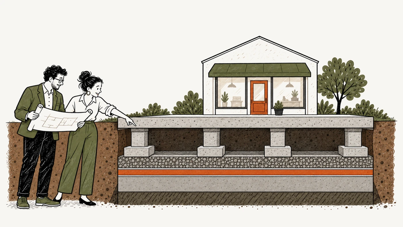 Cutaway illustration of a shopfront with the footings, slab and services beneath it exposed, and two people reviewing the plans
