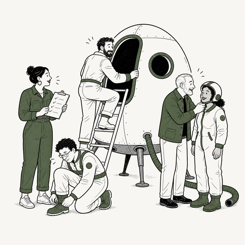 Illustration of a team launching a rocket