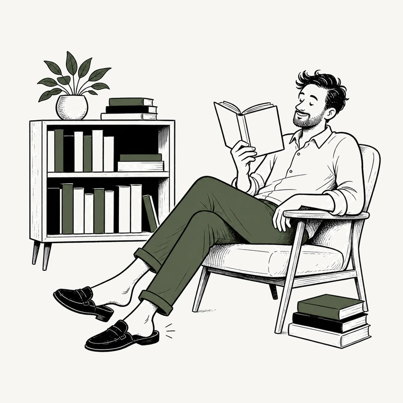 Illustration of a man sitting in an armchair reading