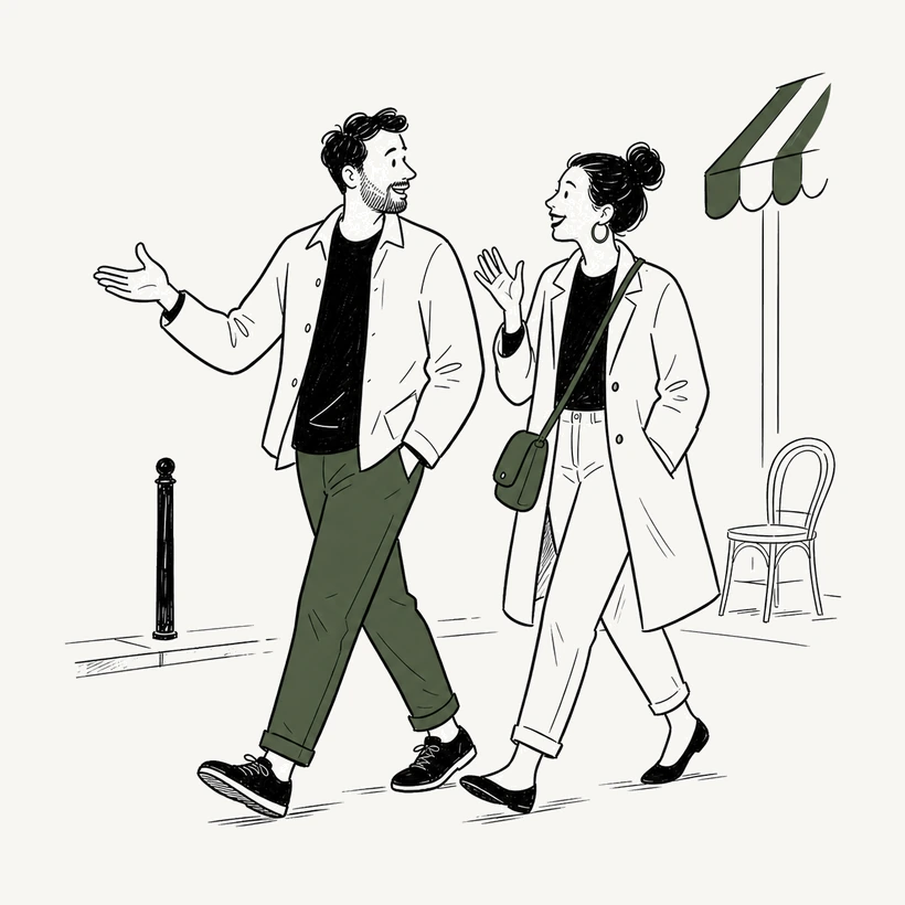 Illustration of two people walking and talking together on a street