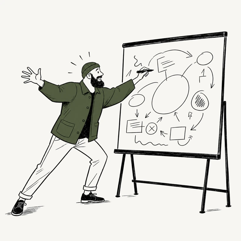 Illustration of a man at a flip chart mapping out how the parts of a business connect