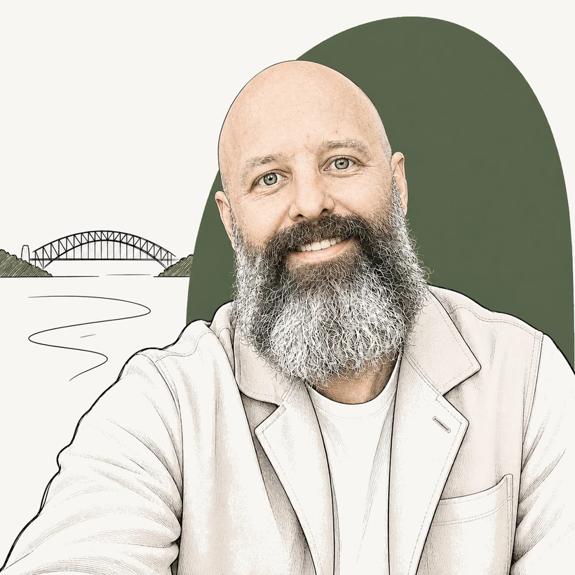 Illustrated portrait of Jarrod, founder of Off Script Ventures, with Sydney Harbour Bridge behind him